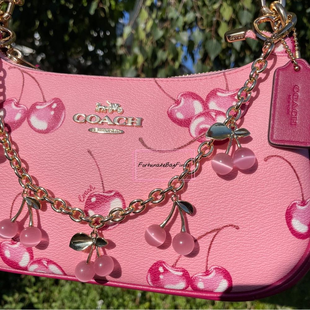 Pink Crystal Cherry Bag Charm Chain Novelty Purse Strap Baby Pink Cherries Charm - Picture 7 of 14